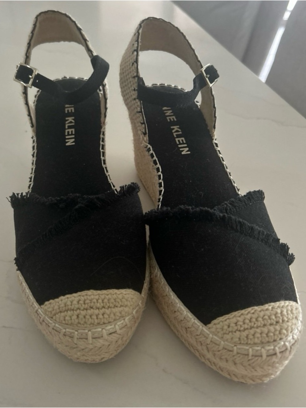 Anne Klein Black Canvas Espadrille Wedge Sandals